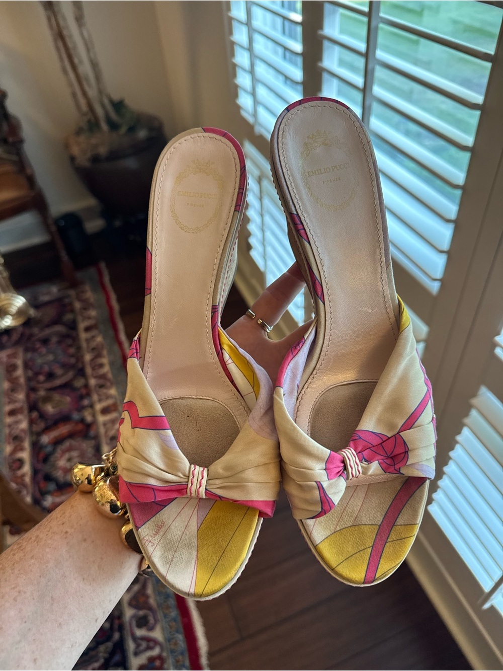 Emilio Pucci Pink and Yellow Knot Slide Wedges